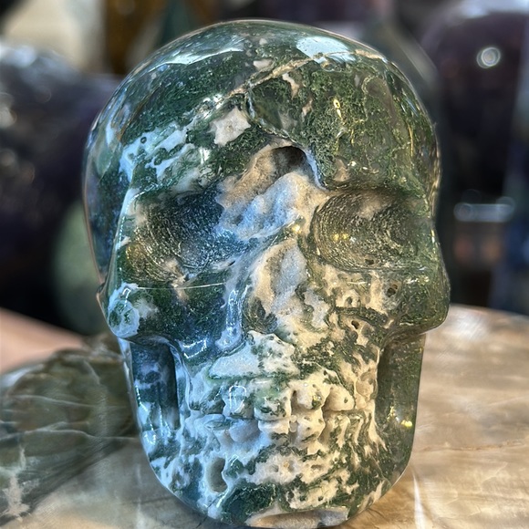 Moss Agate Crystal Skull Carving With Druzy! - Picture 9 of 9